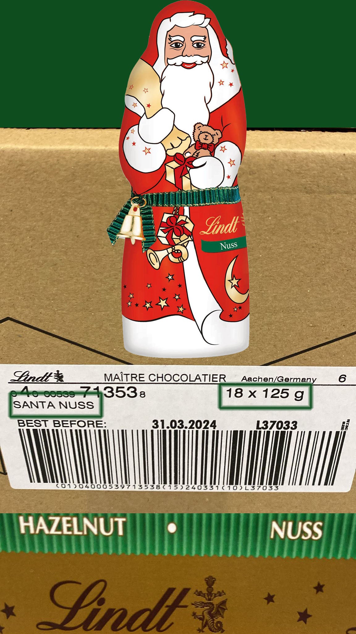 18x 125g Lindt Weihnachtsmann Vollmilch NUSS Schokolade | 2,25 kg MHD 2026