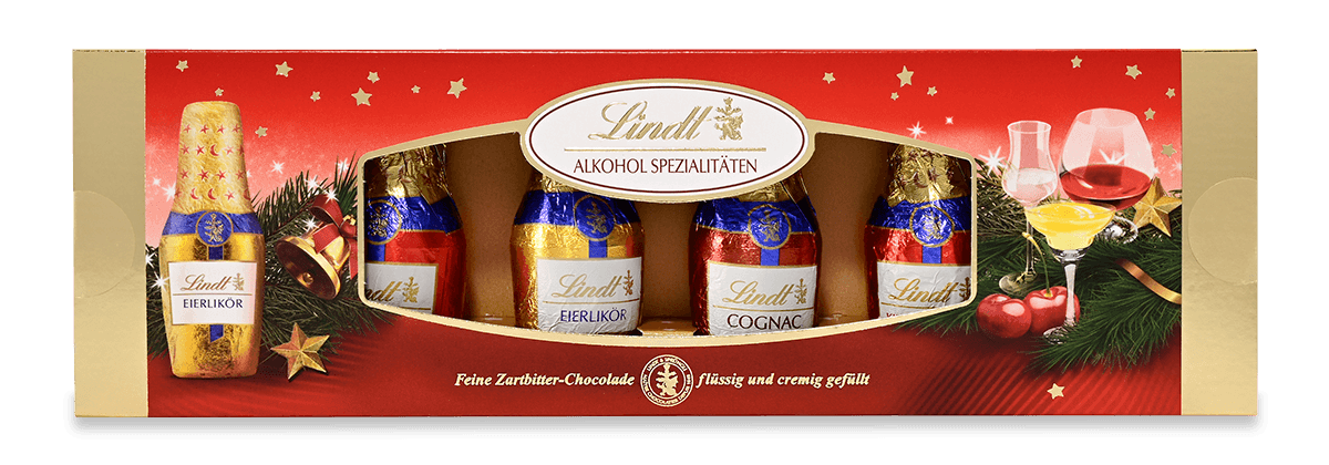 Lindt Alkohol Spezialitäten Zartbitter Schokolade mit Cognac, Eierlikör, Kirschwasser 132g