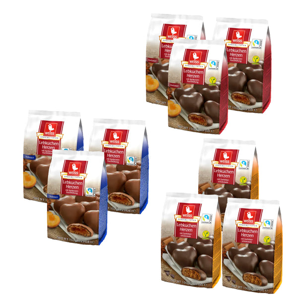 WEISS Lebkuchen Herzen Mischpaket | 3x Zartbitter gefüllt + 3x Zartbitter ungefüllt + 3x Vollmilch gefüllt |9x150 g | 1350g