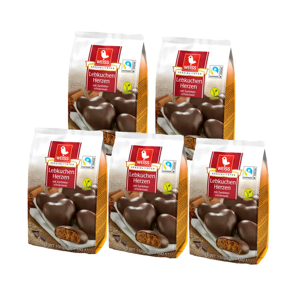 WEISS Lebkuchen Herzen ZARTBITTER SCHOKOLADE  OHNE Füllung 5x150 g MHD: 4/2026