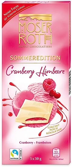 Moser Roth Cranberry Himbeere | weiße Schokolade | 5 feine gefüllte Täfelchen | limitierte Sommeredition | 150g