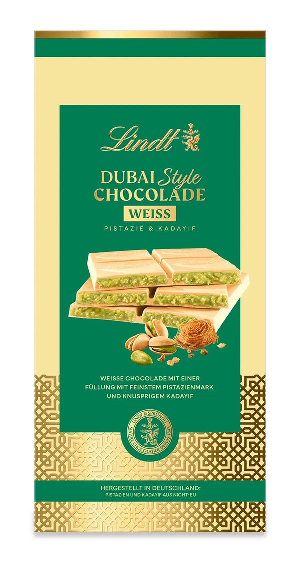 LINDT Dubai Style WEISS Chocolade Pistazie & Kadayif weisse Schokolade der Dubai Taste 150g | MHD 12/25