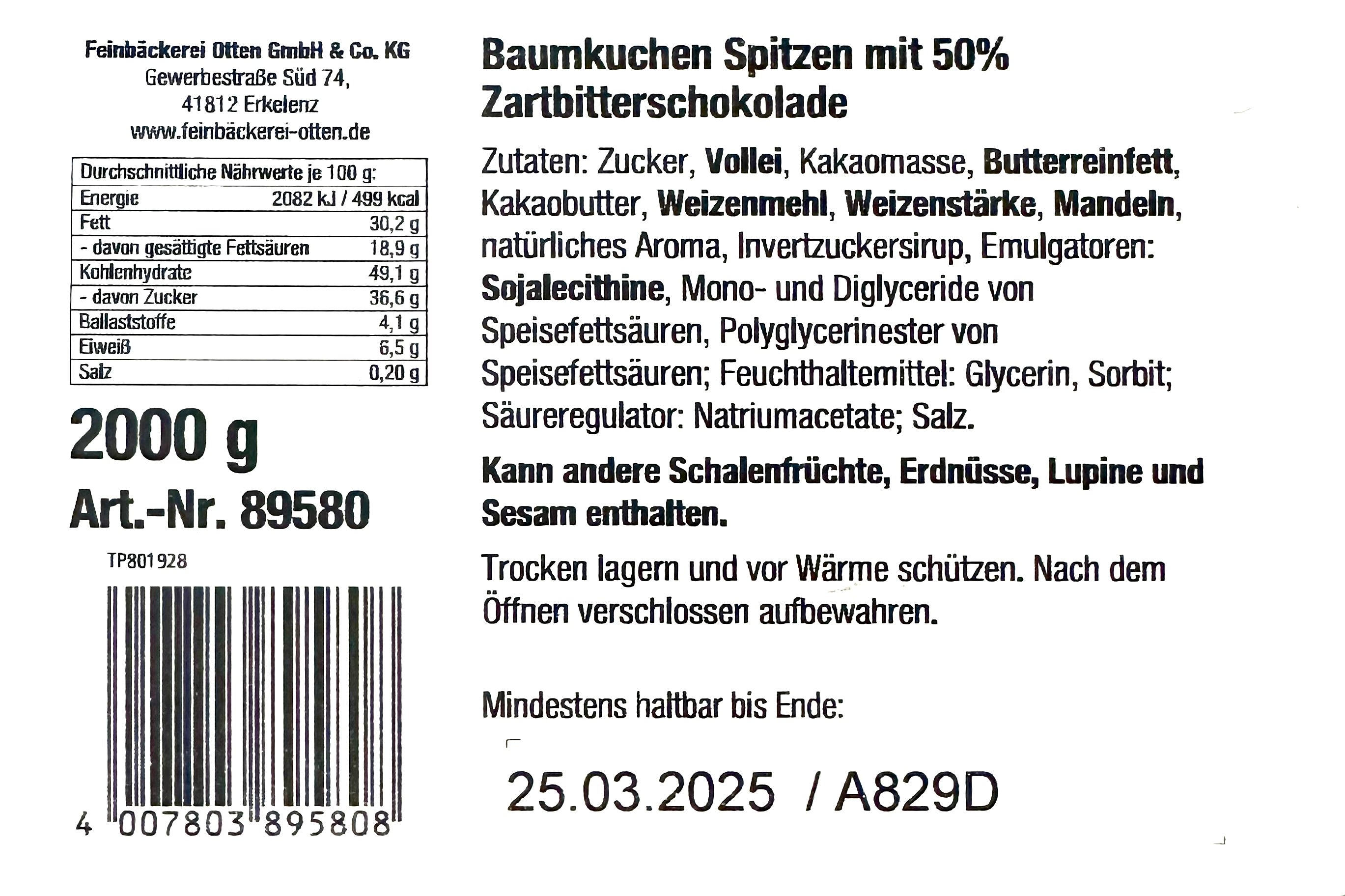 Feinbäckerei Otten Baumkuchenspitzen 50% Zartbitterschokolade 2000g