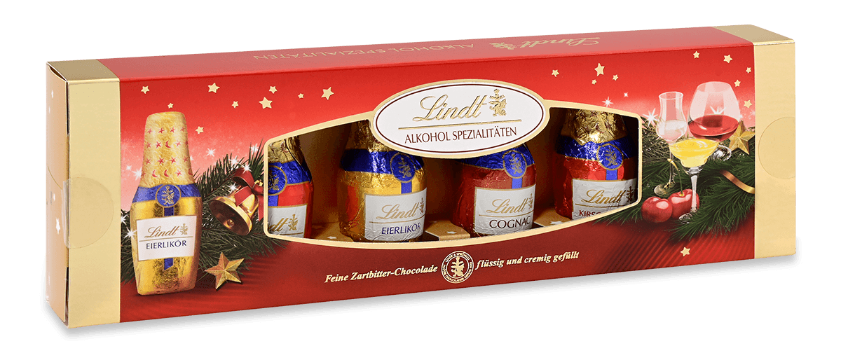 Lindt Alkohol Spezialitäten Zartbitter Schokolade mit Cognac, Eierlikör, Kirschwasser 132g