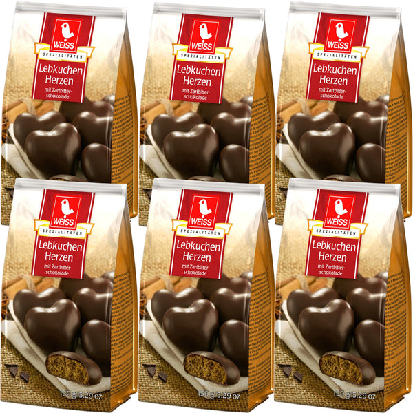 Weiss 6x 150g Lebkuchen Herzen mit 23% Zartbitterschokolade überzogen 900g MHD: 4/2026