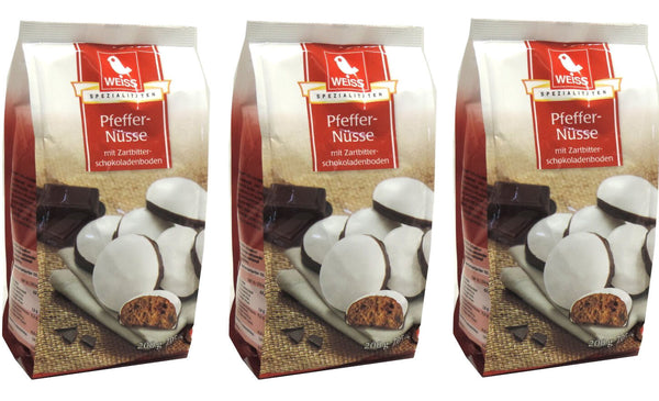 Weiss 3x 200gr PfefferNüsse glasiert  mit Zartbitterschokoladenboden 600g