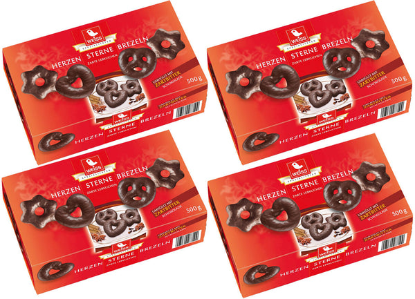 WEISS 4x 500g Zarte Lebkuchen Herzen Sterne Brezeln Zartbitter Schokolade MHD 4/26