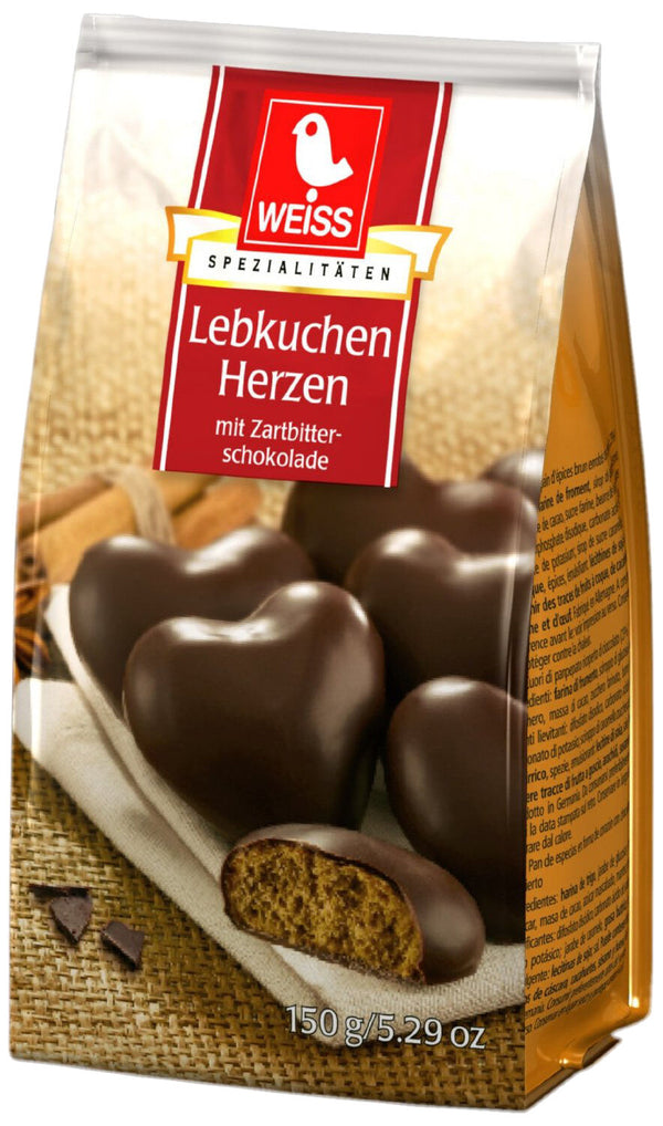 Weiss 150g Lebkuchen Herzen ungefüllt mit 23% Zartbitterschokolade MHD: 4/2026