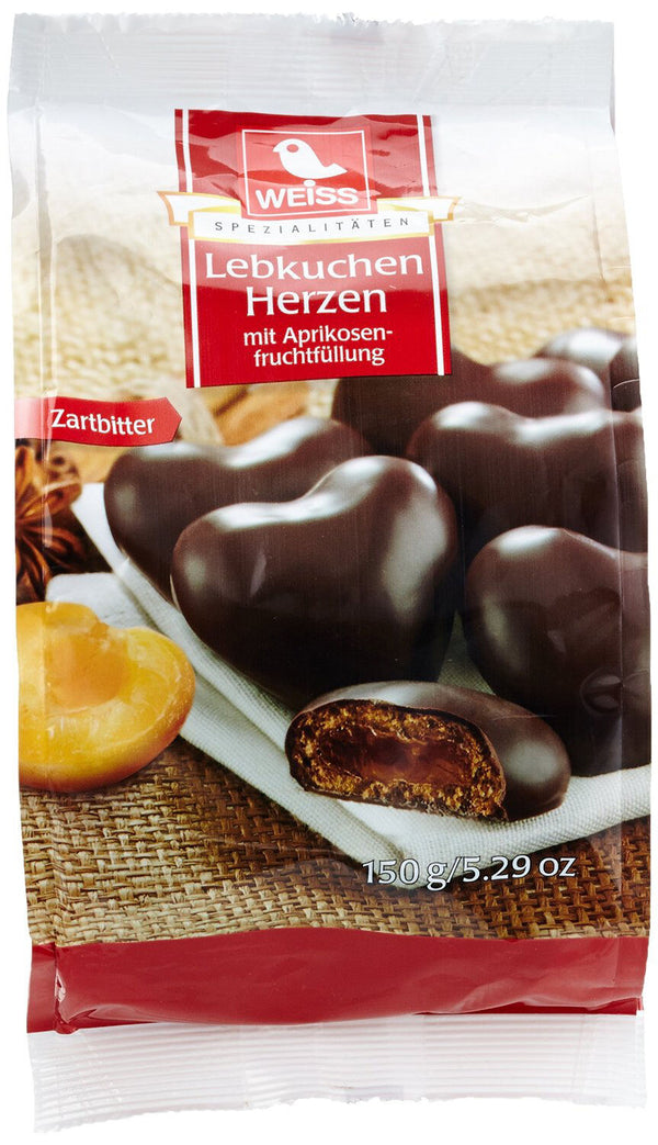 Weiss 150g gefüllte Zartbitter Lebkuchen Herzen mit Aprikosenfüllung