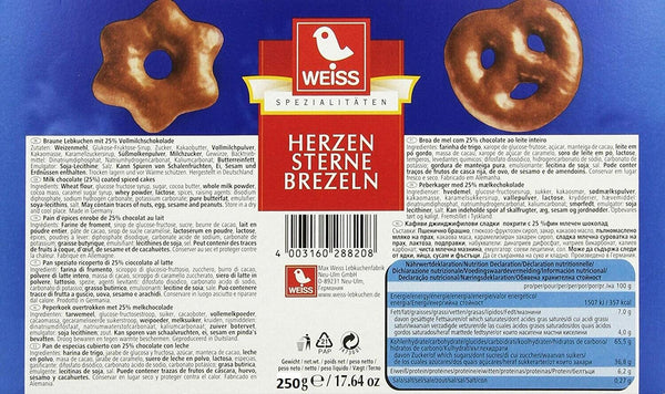 WEISS 4x 250g Zarte Lebkuchen Herzen Sterne Brezeln Vollmilch Schokolade 1 Kg MHD: 04/26