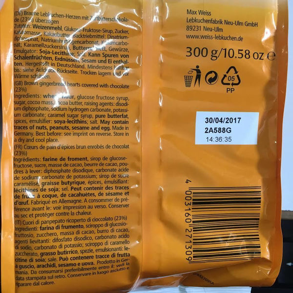 Weiss 300g Braune Lebkuchen Herzen mit 23% Zartbitterschokolade überzogen MHD: 4/2026