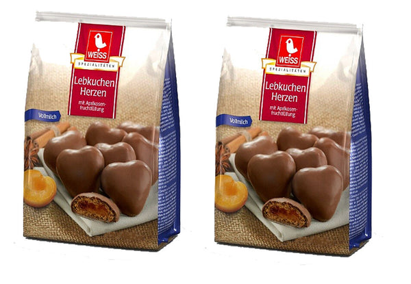 Weiss 2x 150g Vollmilch Lebkuchen Herzen gefüllt mit Aprikosenfüllung  300g MHD: 04/2026