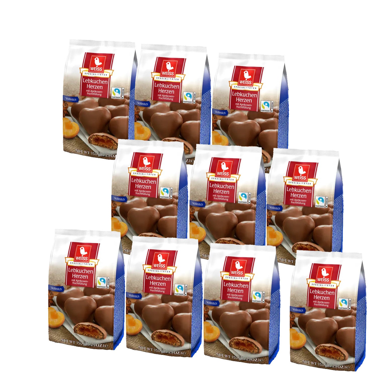 WEISS Gefüllte Lebkuchen Herzen VOLLMILCH SCHOKOLADE  10x150 g | 1500g