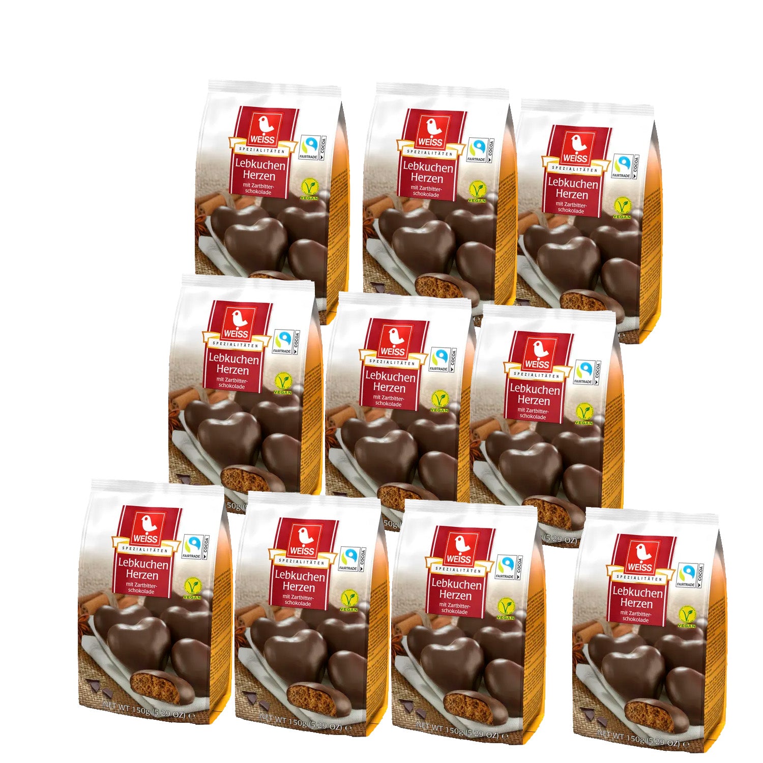 WEISS Lebkuchen Herzen ZARTBITTER SCHOKOLADE  OHNE Füllung 10x150 g MHD: 4/2026