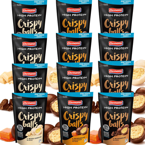 Ehrmann High Protein | Crispy Balls  | je 4x weisse Schokolade, Karamell, Milchschokolade  12x55g  Beutel = 660g