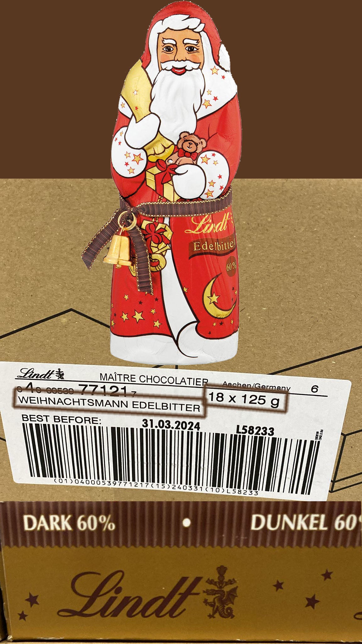 18x 125g Lindt Weihnachtsmann Edelbitter 60%  Schokolade | 2,25 kg