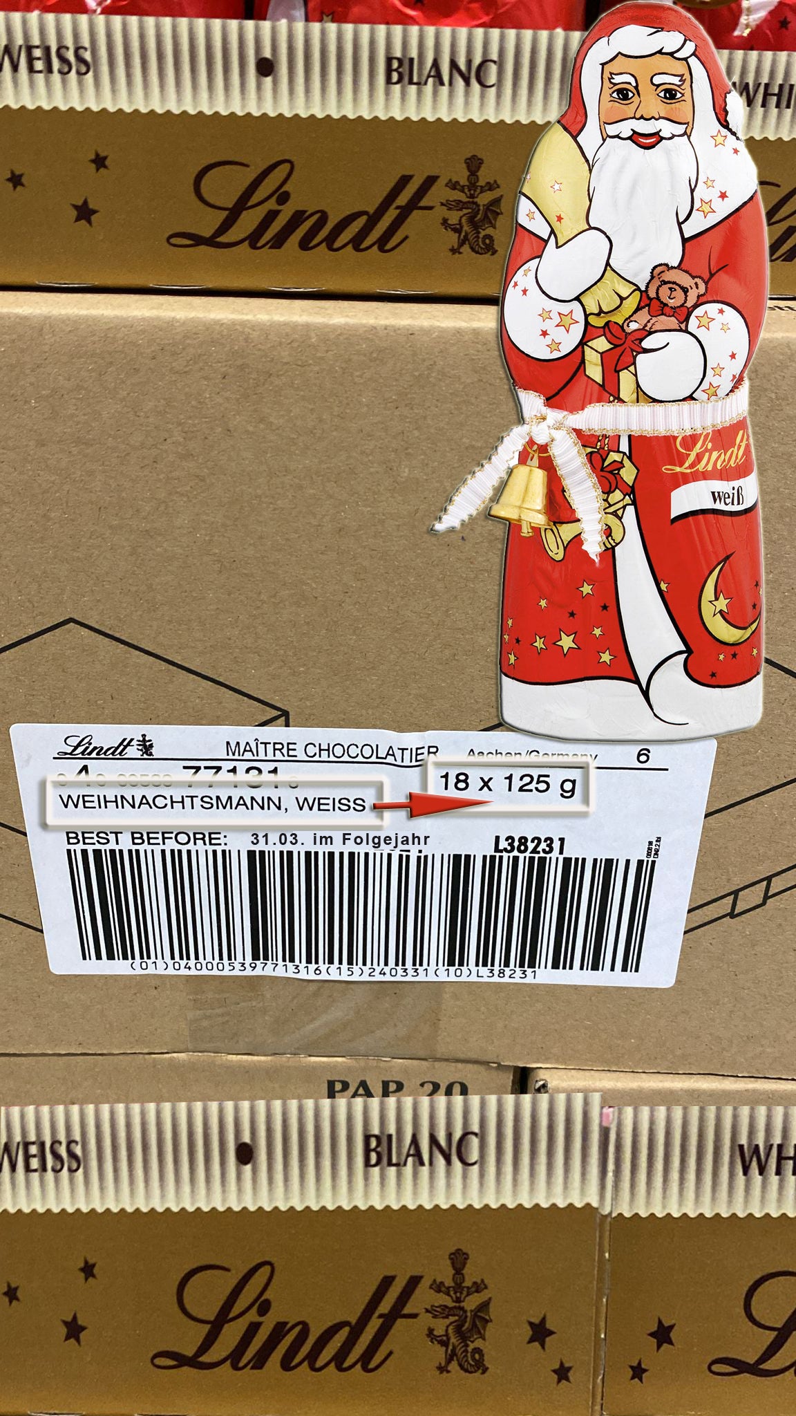 18x 125g Lindt Weihnachtsmann weisse Schokolade | 2,25 kg MHD 2026