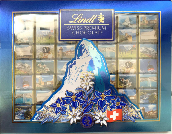 Schweizer Ansichten SOUVENIR 278g Lindt Napolitains 49 Mini Täfelchen Vollmilch in der Geschenkverpackung