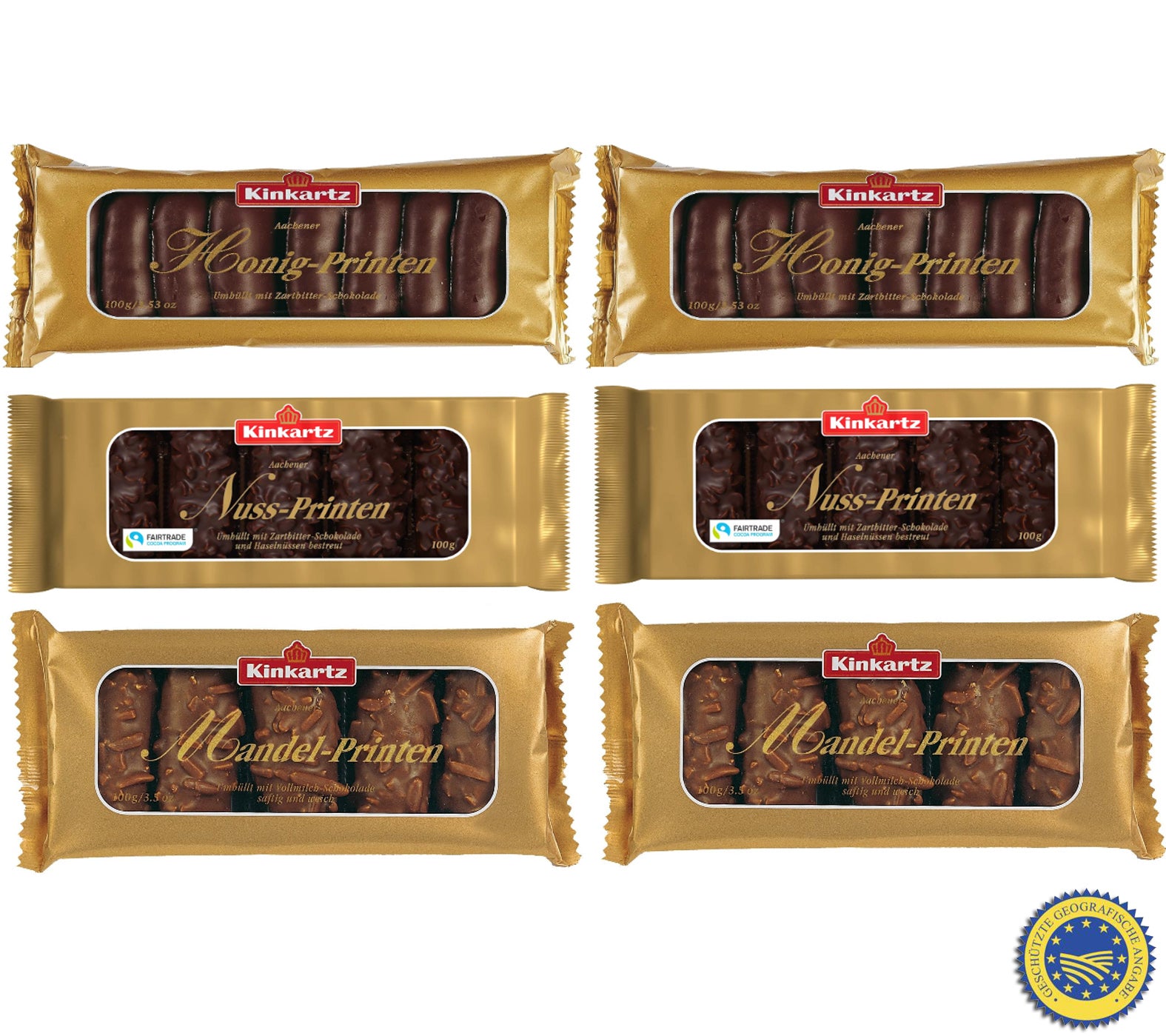 Kinkartz Printen Pack | 2x Honig-Printen, 2x Nuss-Printen, 2x Mandel-Printen | Genuss für jeden | 6x 100g