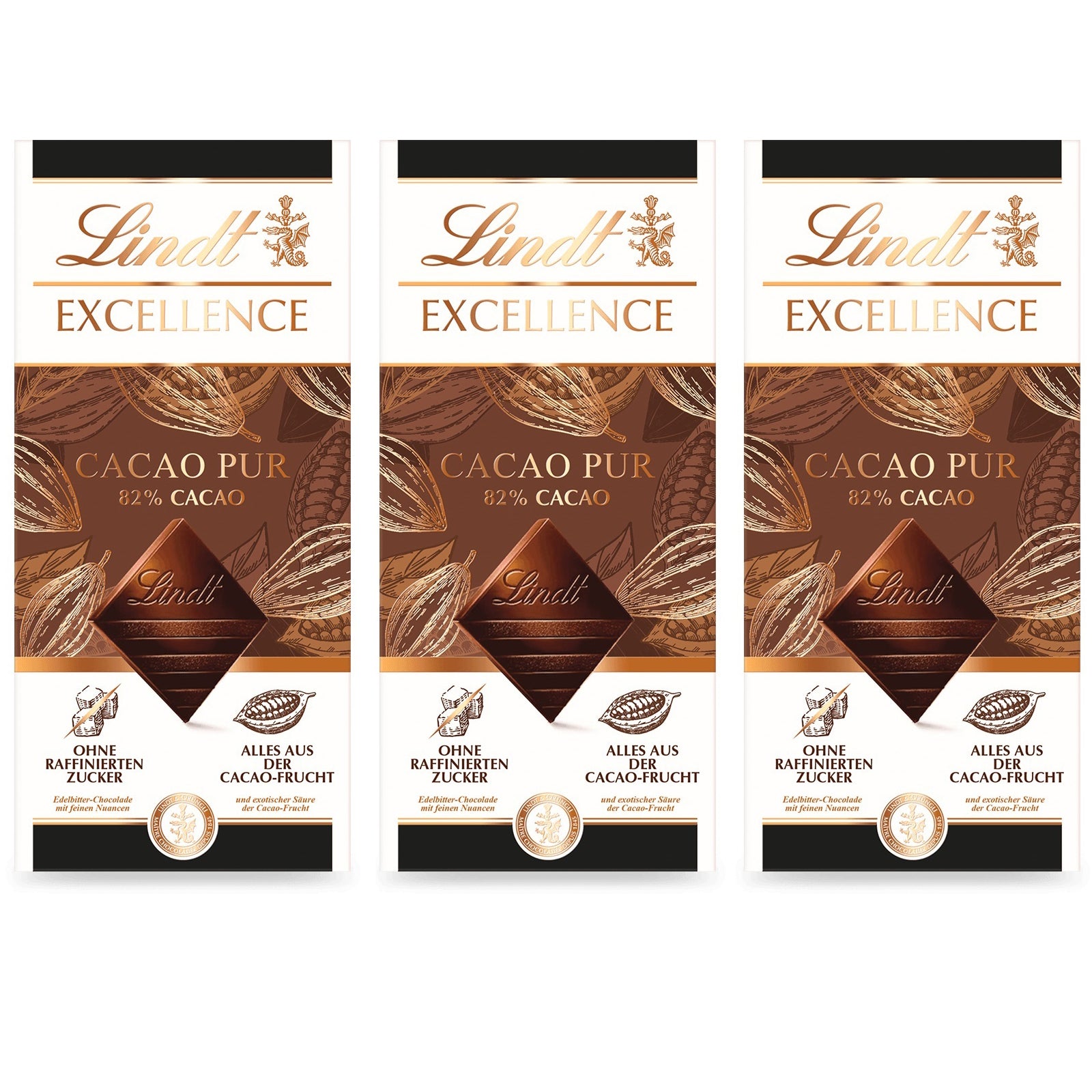 3x EXCELLENCE CACAO PUR - LINDT | 3x 50 g Tafel | alles aus der Cacao-Frucht mit 82% acao | ohne weitere Zutaten | 150g