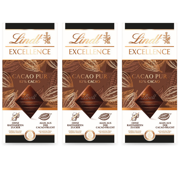 3x EXCELLENCE CACAO PUR - LINDT | 3x 50 g Tafel | alles aus der Cacao-Frucht mit 82% acao | ohne weitere Zutaten | 150g