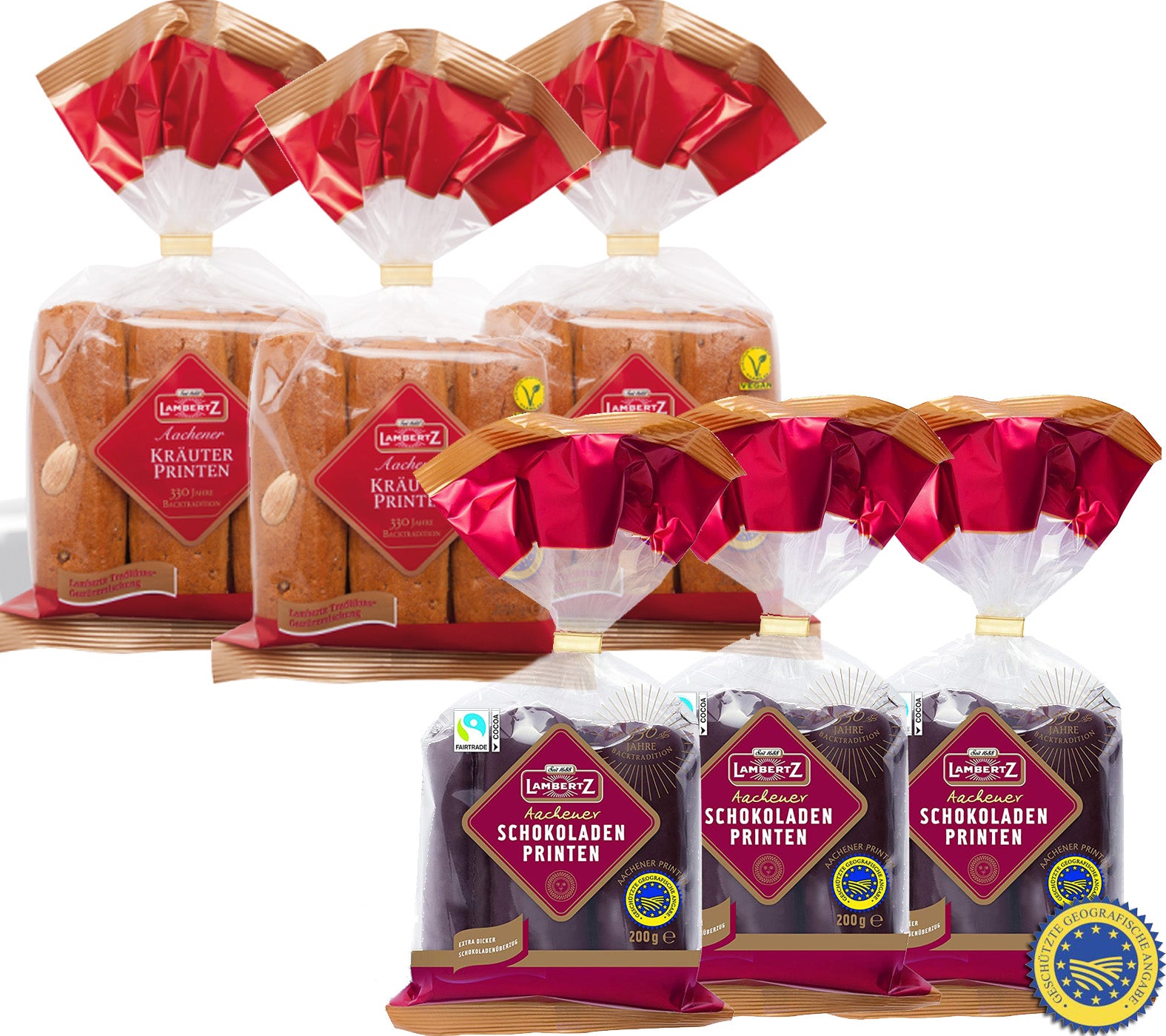 LAMBERTZ 1200gr Aachener Printen Schokoprinten + Kräuterprinten ( 6x200gr) |ggA verifizíert MHD: 30/04/2026