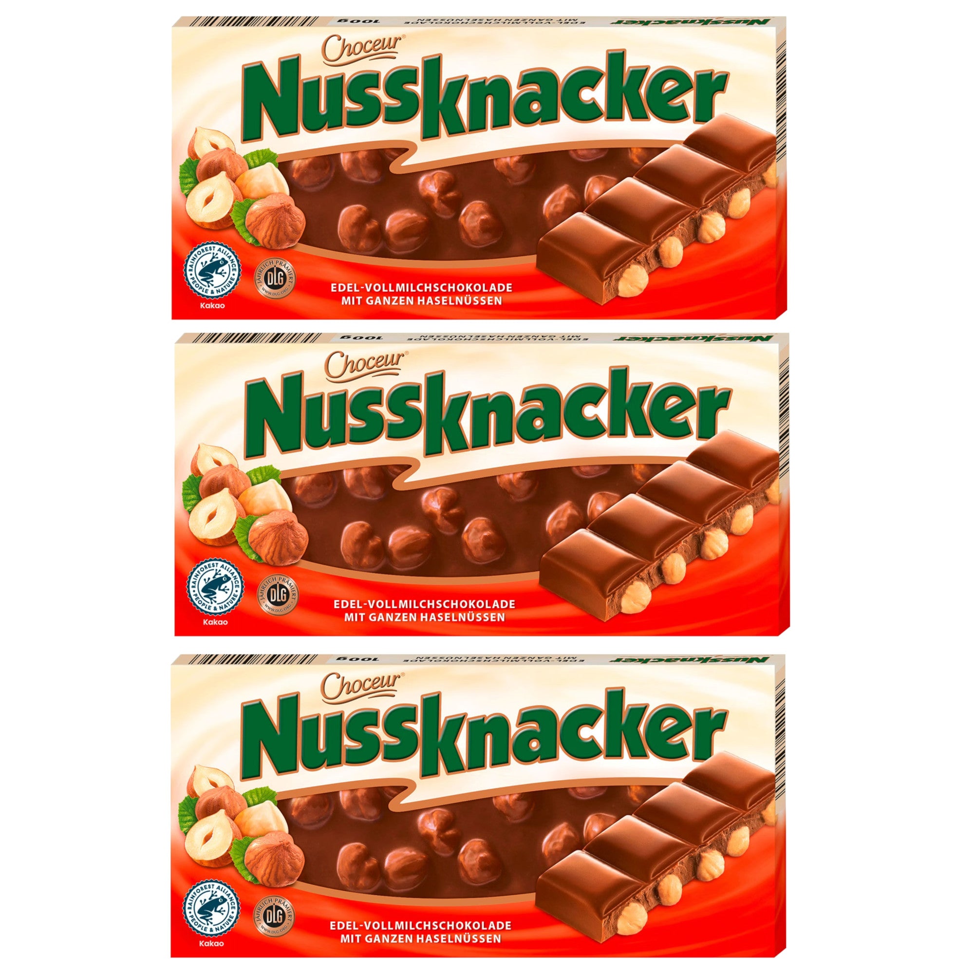 3x 100g Tafel Choceur Vollmilchschokolade mit ganzen Haselnüssen | Nussknacker | 300g