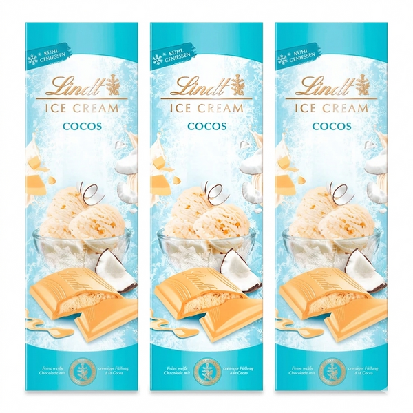 LINDT Sommer-Tafeln 3x 100g Weisse Schokolade mit erfrischend exotischer Cocos Füllung 300g