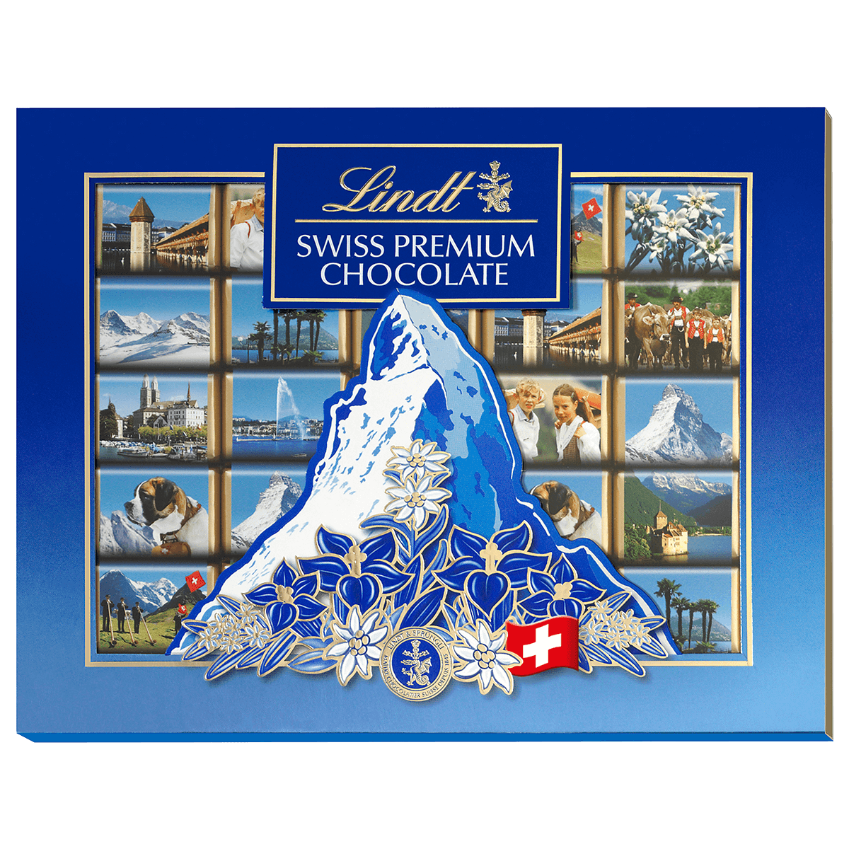 Schweizer Ansichten SOUVENIR 142g Lindt Napolitains 25 Mini Täfelchen Vollmilch als POSTkarte