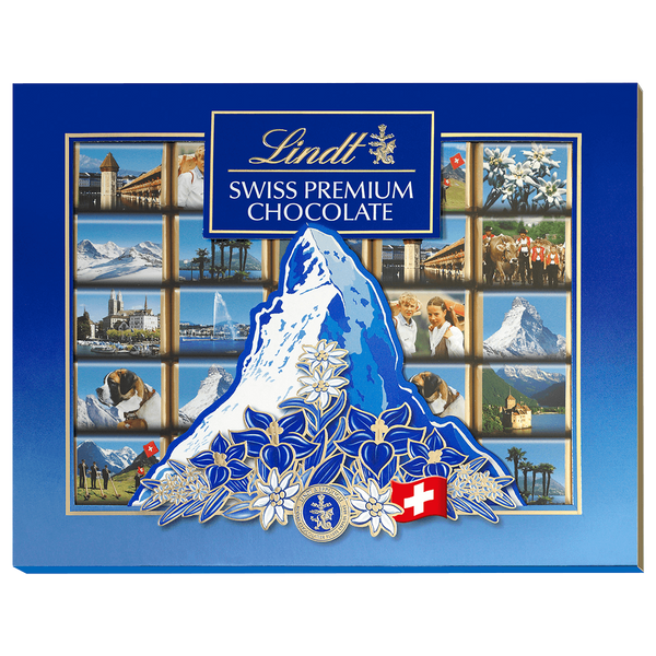 Schweizer Ansichten SOUVENIR 142g Lindt Napolitains 25 Mini Täfelchen Vollmilch als POSTkarte