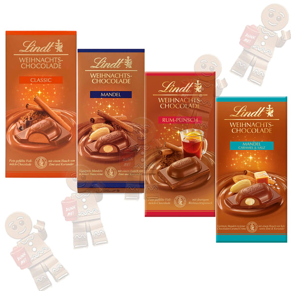 Lindt Weihnachtsschokolade | Mandel, Rum-Punch, Mandel Salz-Caramel, Classic | Weihnachts-Chocolade | 4x100g Tafel