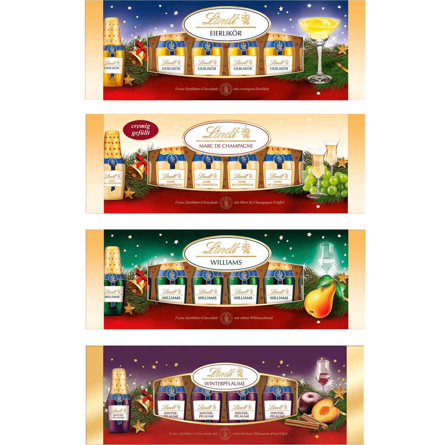 Probierpaket 4x Lindt Alkohol Fläschchen Packungen zu je 131g = 524g | Eierlikör | Marc de Champagne | Williams | Winterpflaume