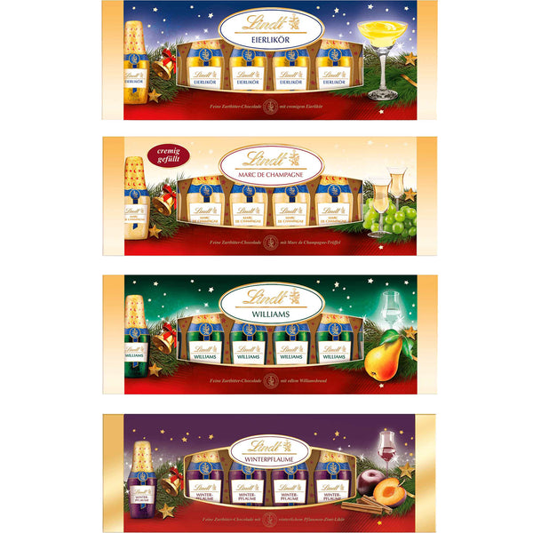 Probierpaket 4x Lindt Alkohol Fläschchen Packungen zu je 131g = 524g | Eierlikör | Marc de Champagne | Williams | Winterpflaume