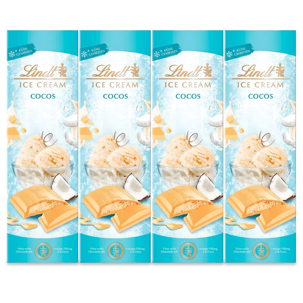 LINDT Sommer-Tafeln 4x 100g Weisse Schokolade mit erfrischend exotischer Cocos Füllung  400g