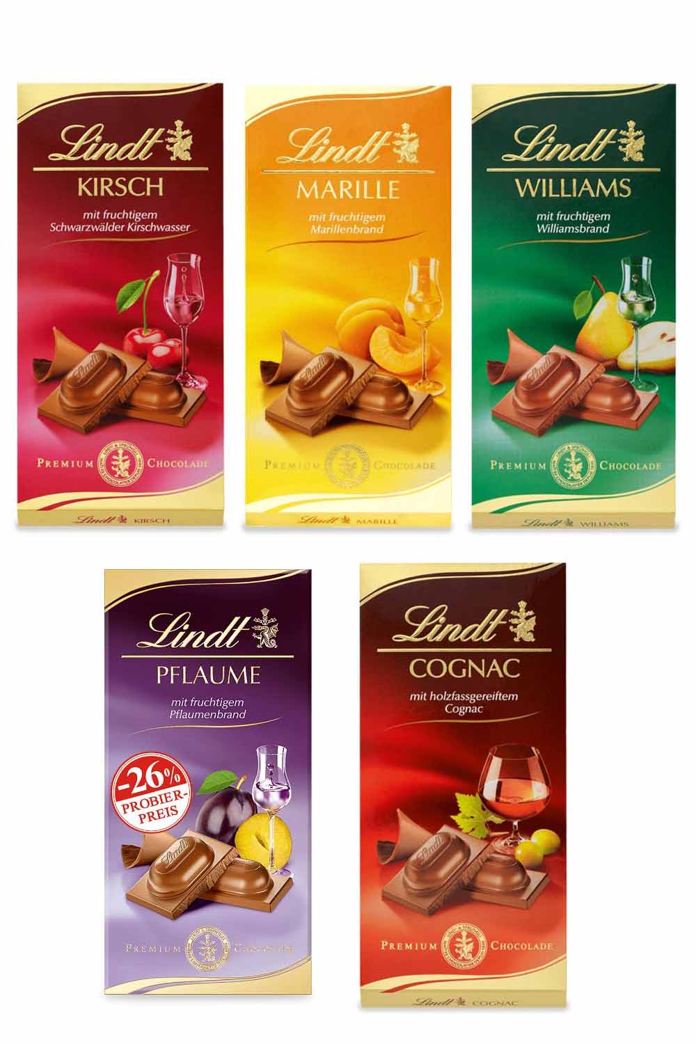 Lindt Alkohol-Spezialitäten Set Tafeln 5 x 100g