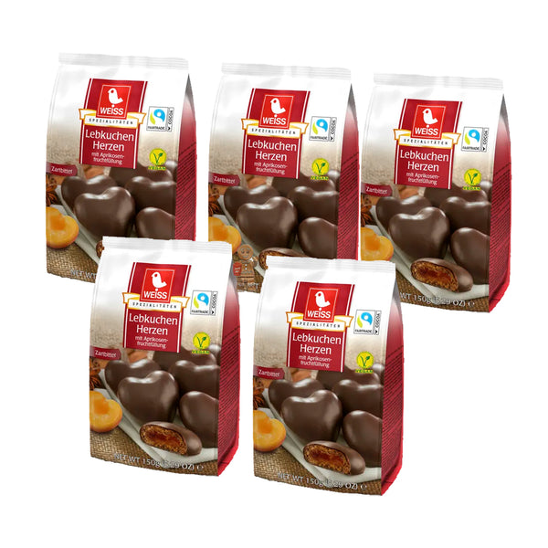 WEISS Gefüllte Lebkuchen Herzen ZARTBITTER SCHOKOLADE  5x150 g | 750g MHD: 4/2026