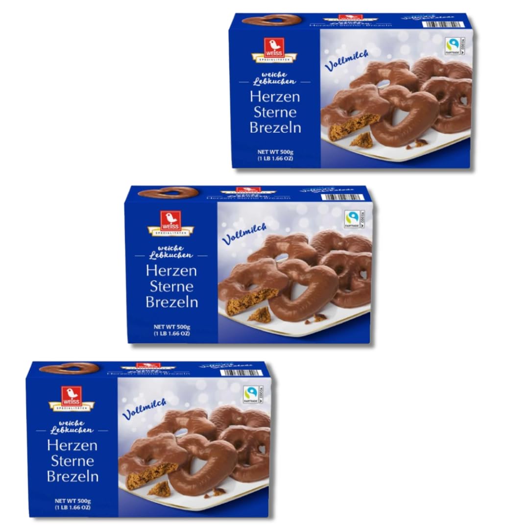 Weiss zarte Lebkuchen Herzen, Sterne, Brezeln Vollmilch 3er Set (3x500g Box Blau)