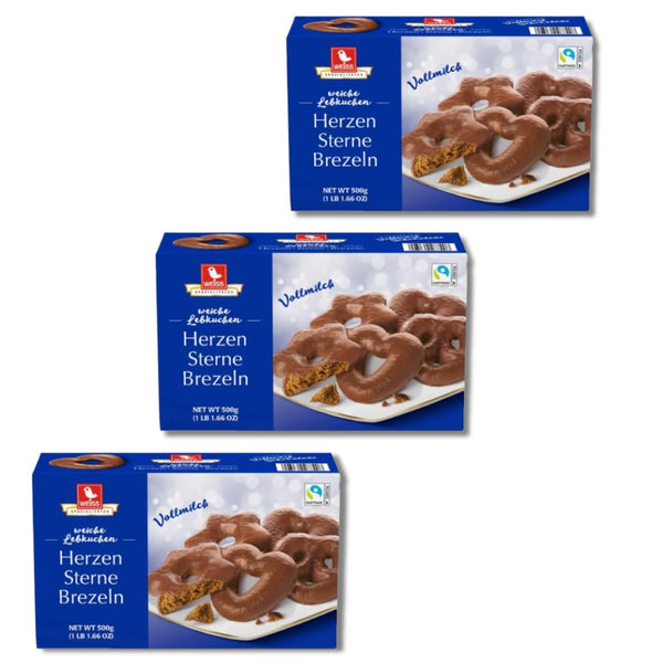Weiss zarte Lebkuchen Herzen, Sterne, Brezeln Vollmilch 3er Set (3x500g Box Blau)