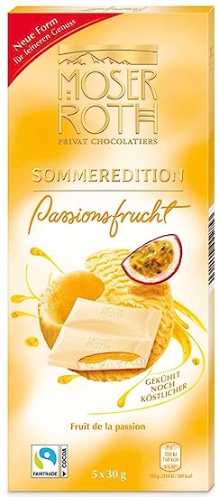 Moser Roth Passionsfrucht | weiße Schokolade | 5 feine gefüllte Täfelchen | limitierte Sommeredition |150g