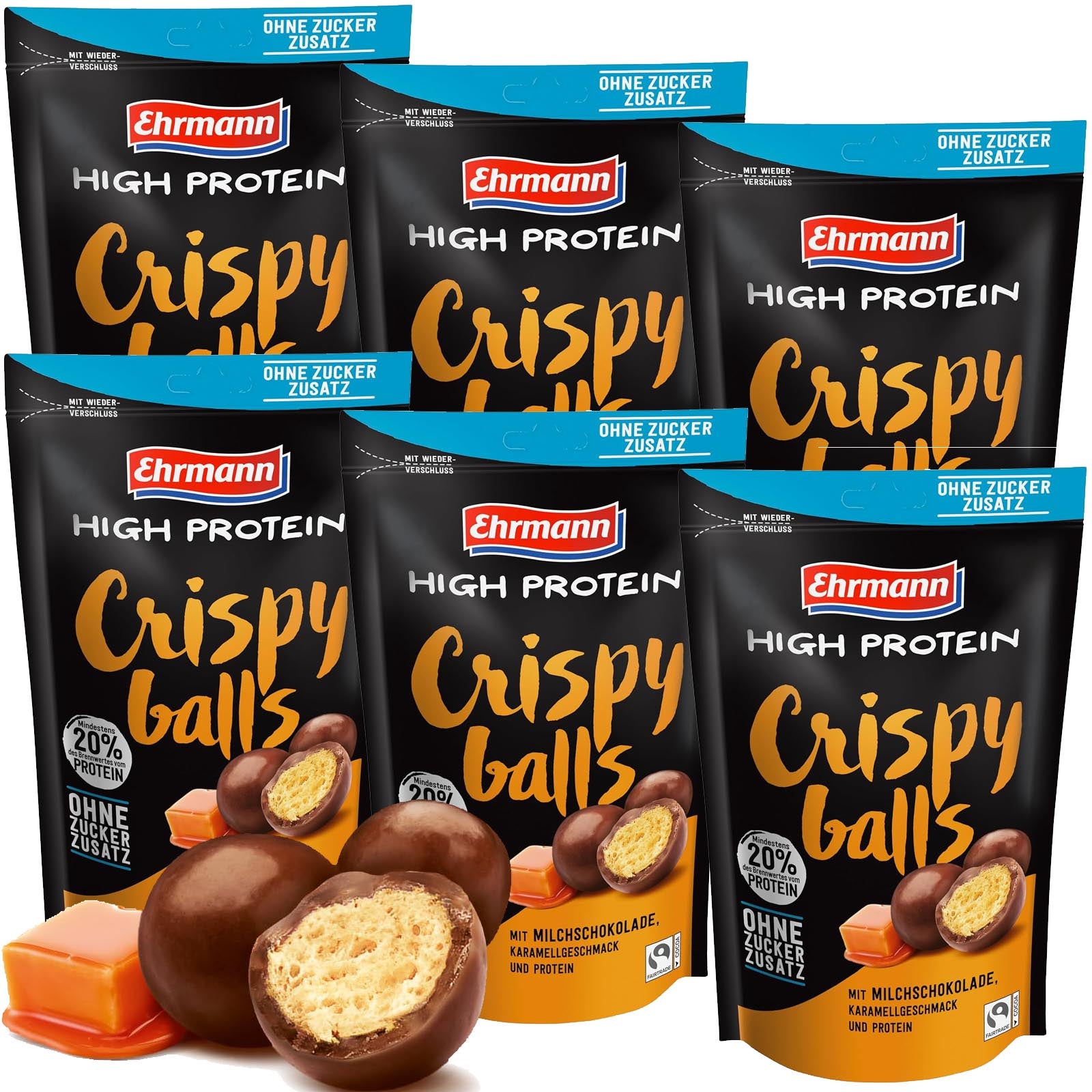 High Protein Crispy Balls in Karamell mit Milchschokolade von Ehrmann  6x55g  Beutel = 330g