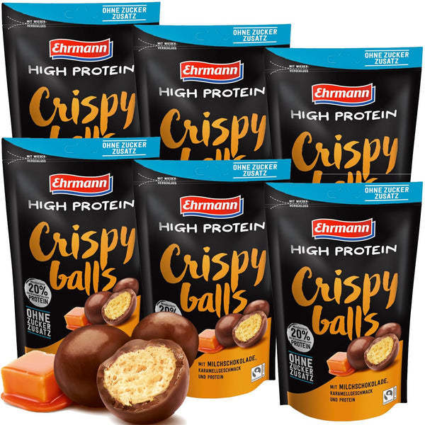 High Protein Crispy Balls in Karamell mit Milchschokolade von Ehrmann  6x55g  Beutel = 330g
