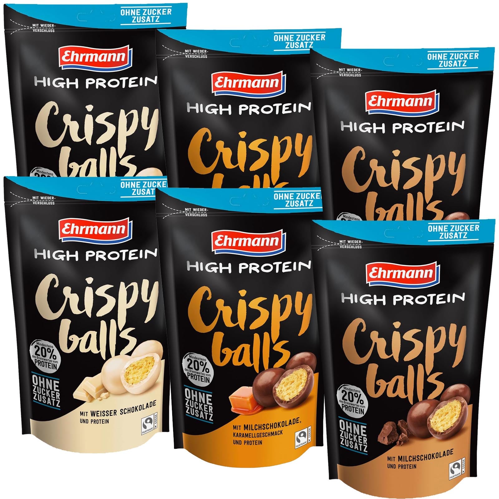 Ehrmann High Protein | Crispy Balls  | je 2x weisse Schokolade, Karamell, Milchschokolade  6x55g  Beutel = 330g