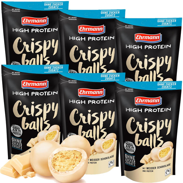 High Protein Crispy Balls in Weisse Schokolade ohne Zucker von Ehrmann 6x55g  Beutel