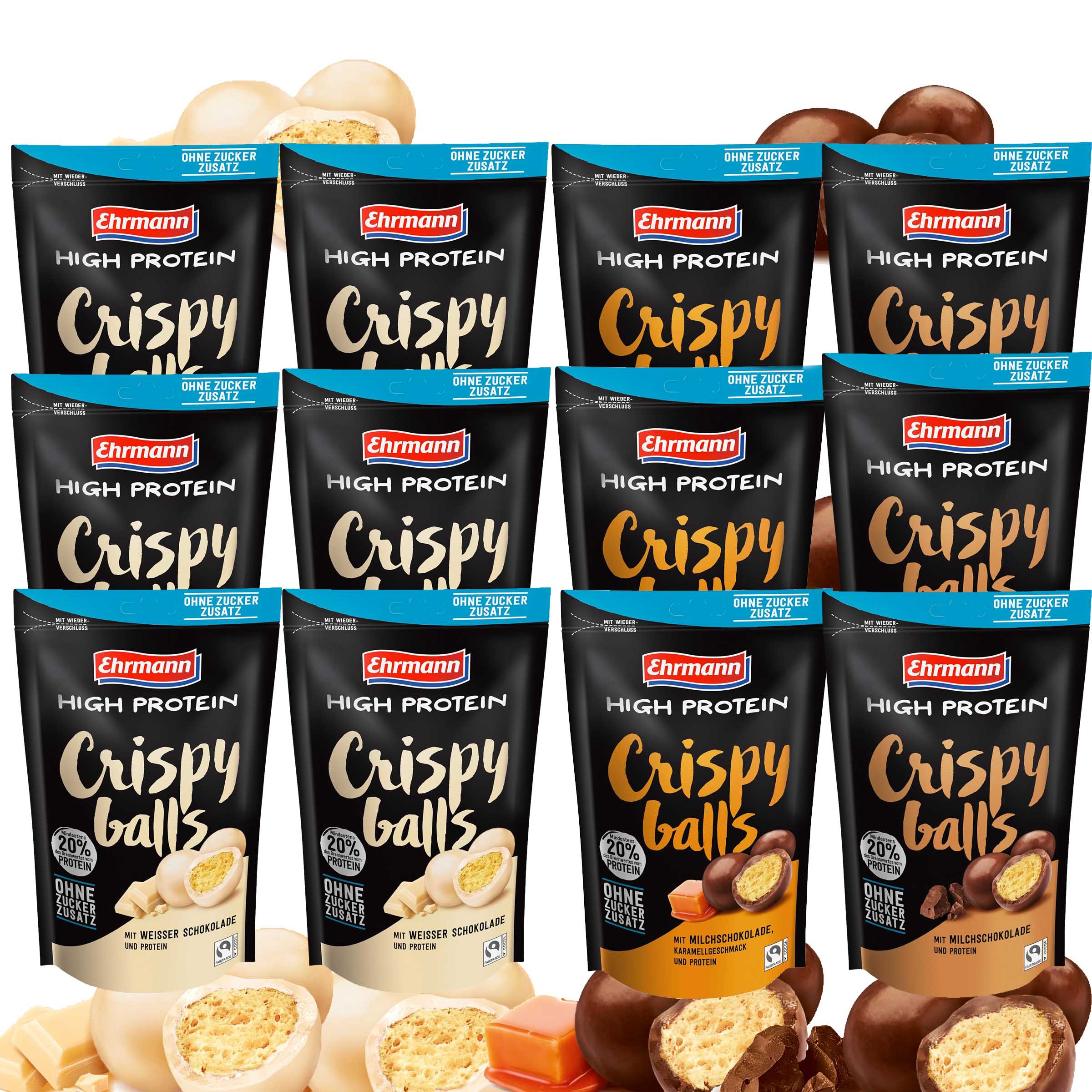 Ehrmann High Protein | Crispy Balls  |  6x weisse Schokolade & 6x Vollmilchschokolade: Karamell & Milchschokolade insgesamt 12x55g  Beutel = 660g