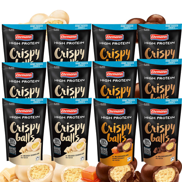 Ehrmann High Protein | Crispy Balls  |  6x weisse Schokolade & 6x Vollmilchschokolade: Karamell & Milchschokolade insgesamt 12x55g  Beutel = 660g