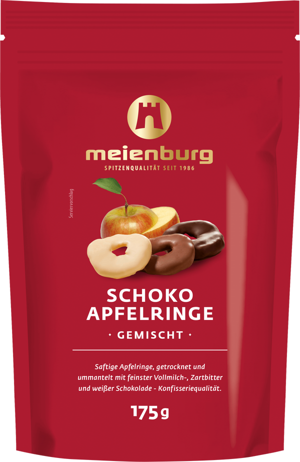 Meienburg Schoko Apfelringe | Vollmilch und Zartbitter und weißer Schokolade | 175g Beutel