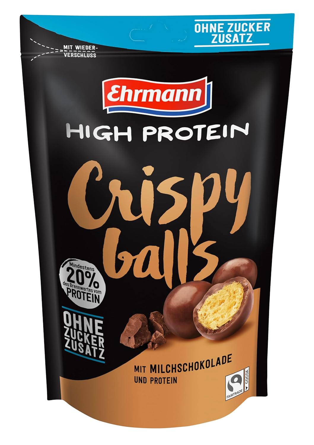 Ehrmann High Protein | Crispy Balls  | je 4x weisse Schokolade, Karamell, Milchschokolade  12x55g  Beutel = 660g