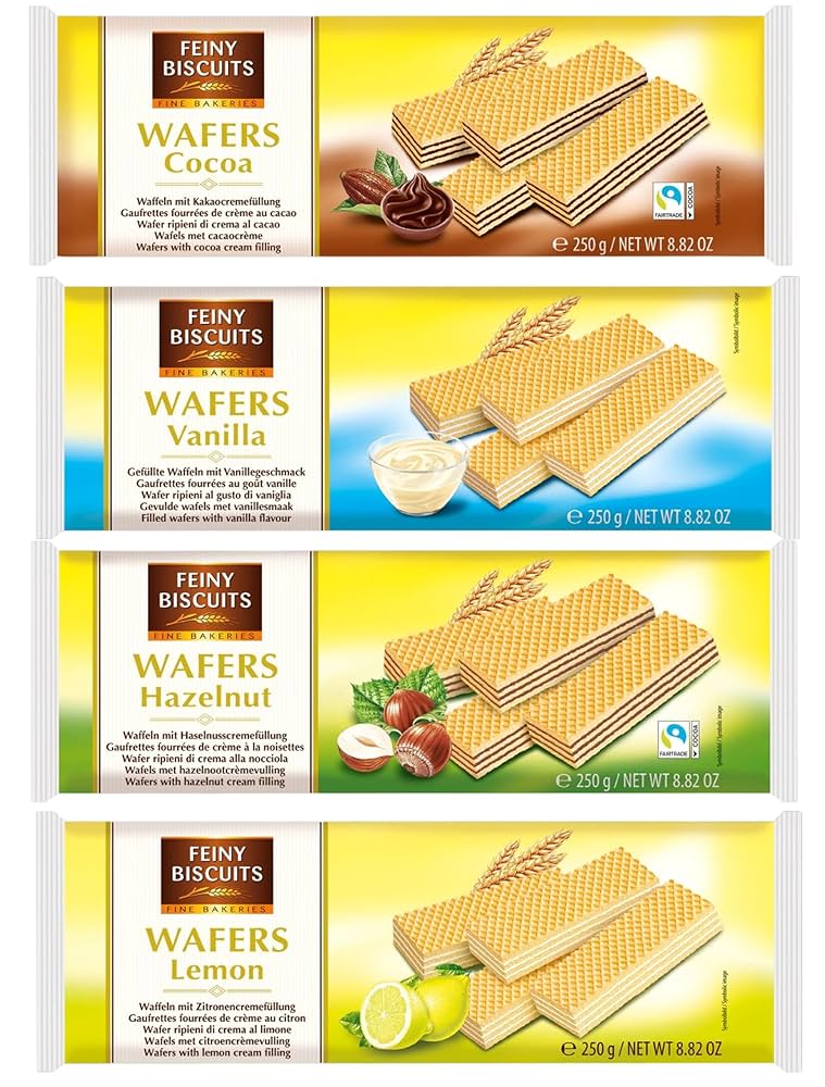 Feiny Biscuit 4x 250g Wafer Probierpaket Waffeln Cocoa Vanille Zitrone Haselnuss 1000g