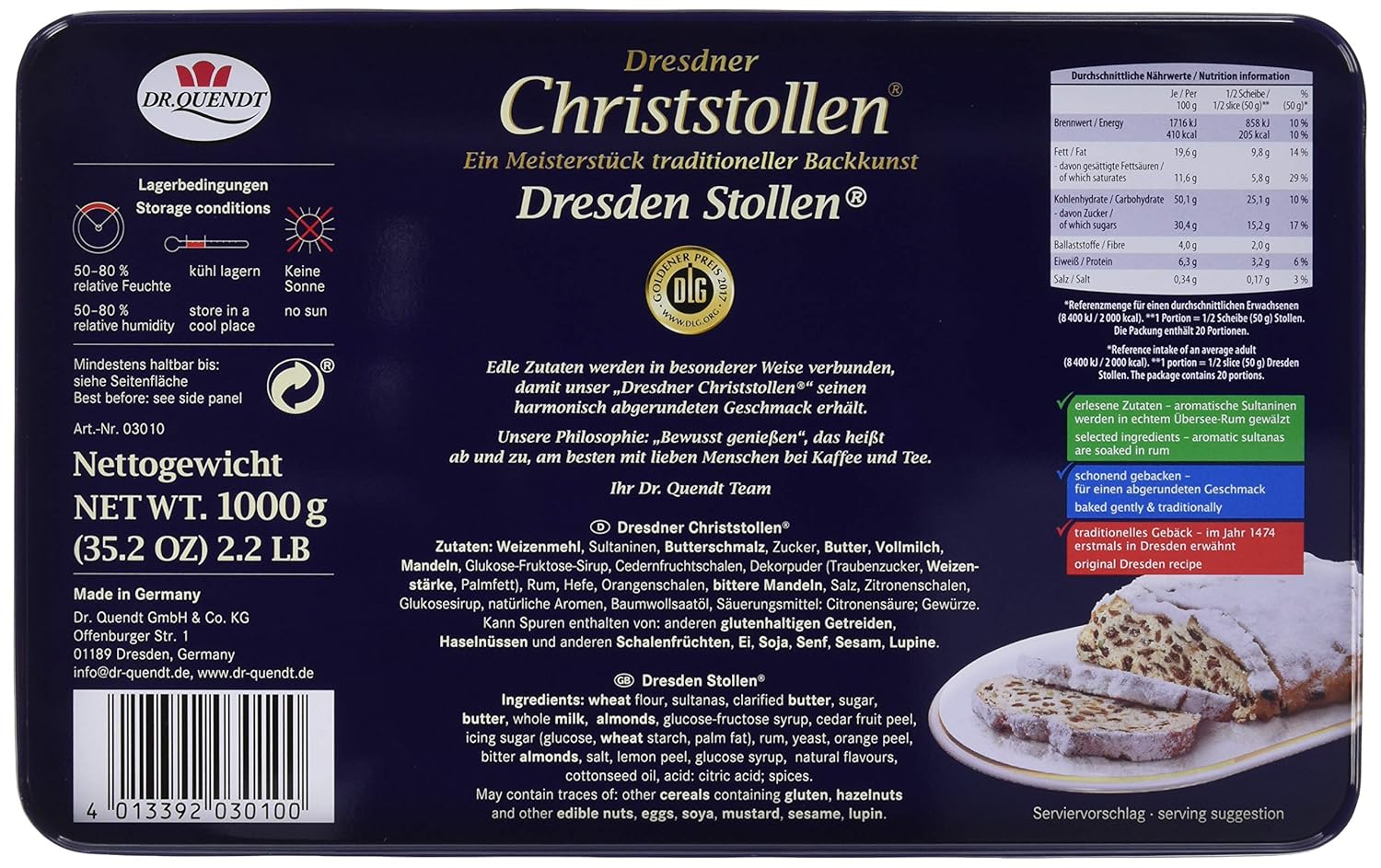 Dr. Quendt original Dresdner Christstollen Geschenkdose 1kg