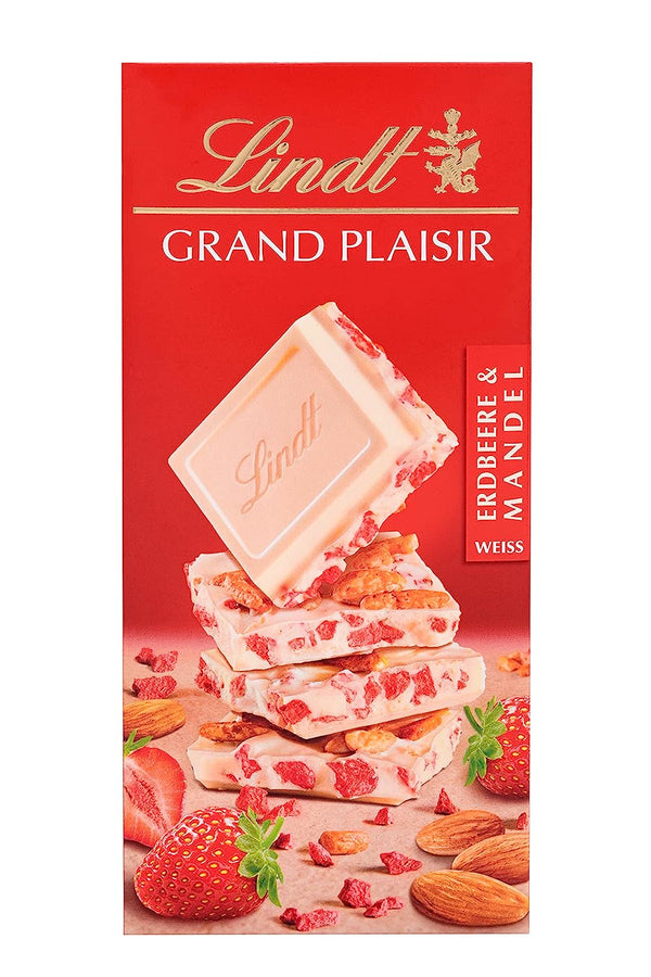 Grand Plaisir Erdbeer-Mandel Lindt | 150 g Tafel | Weiße Schokoalade mit fruchtigen Erdbeer-und Mandel-Stückchen